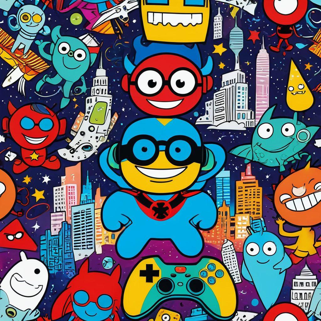 A whimsical scene featuring a cartoonish superhero reading a comic book, surrounded by quirky gadgets and playful aliens, with laughter bubbles and colorful pop culture references. The background includes a vibrant city skyline and playful doodles representing geek entertainment like video games and sci-fi. super-realistic. vibrant colors. cartoon style.