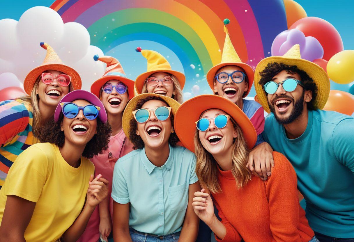 A whimsical and colorful scene featuring a diverse group of people laughing together, surrounded by oversized cartoonish props like giant glasses, goofy hats, and a rainbow background. Include a playful text bubble filled with silly jokes floating above them. Capture the essence of joy and amusement in a vibrant, cheerful atmosphere. illustration. vibrant colors. playful cartoon style.