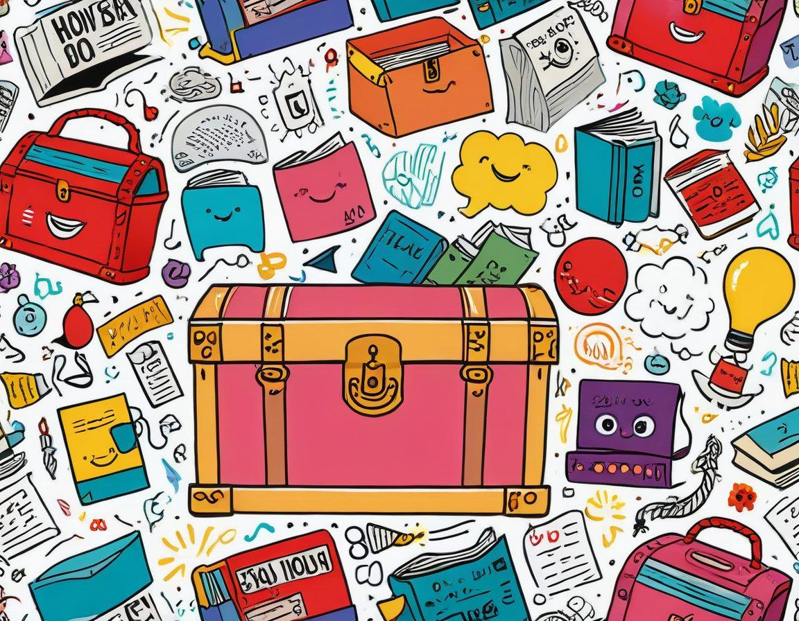 A whimsical treasure chest overflowing with colorful books, quirky gadgets, and whimsical toys, surrounded by cheerful characters sharing jokes and laughter. Include animated expressions of joy and humor, with playful graphics like speech bubbles filled with witty one-liners. Bright and vibrant colors to evoke a sense of delight and playfulness. cartoonish style. vibrant colors. white background.